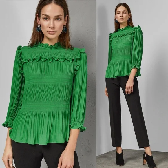 Ted Baker London Airlie Pleated Smocking High Neck Crepe Ruffled Blouse Large - Picture 1 of 11